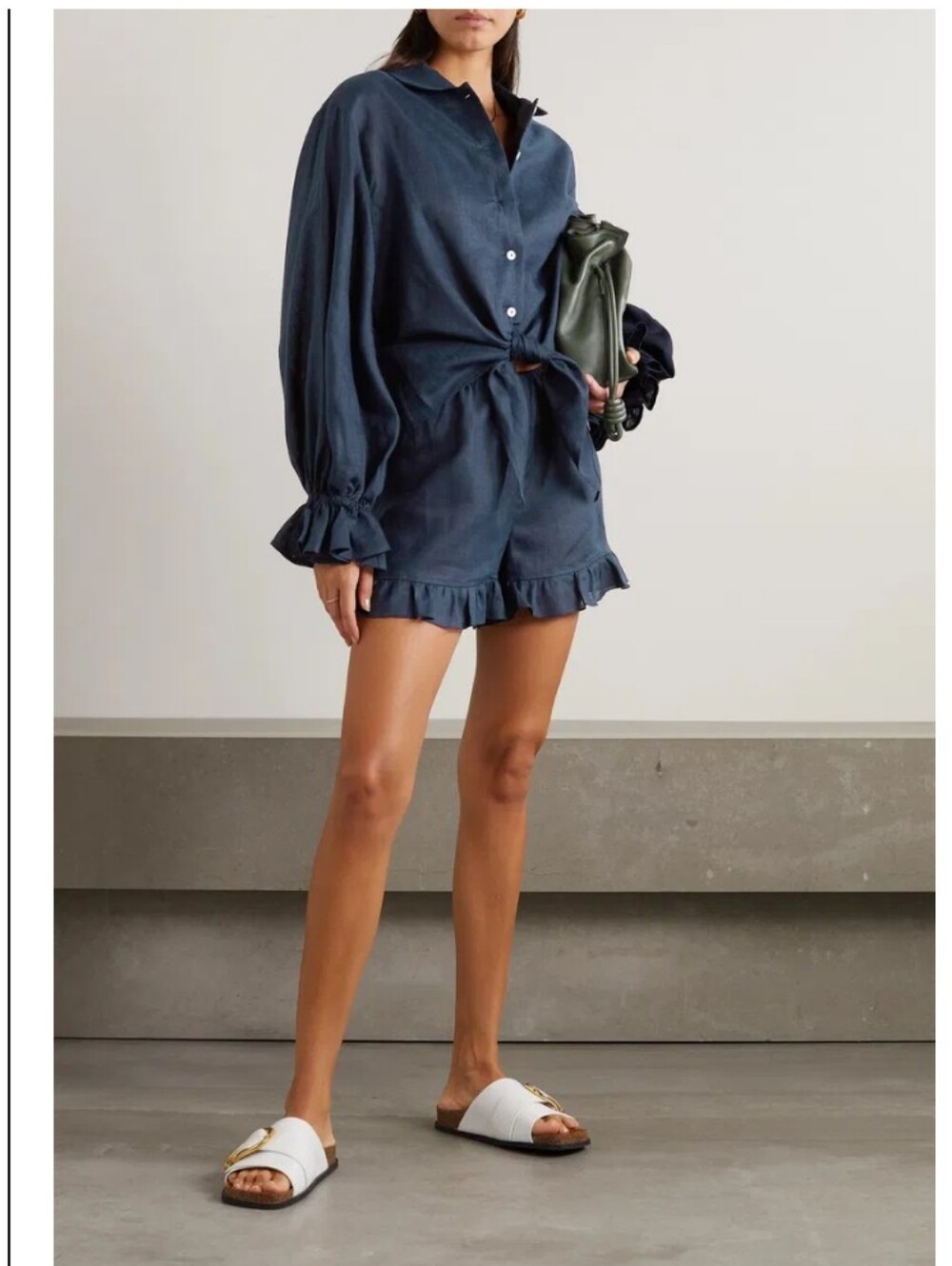 Sleeper Size XL: Collared Ruffle Sleeve Hem 100% Linen Button Down Tie Top- Navy